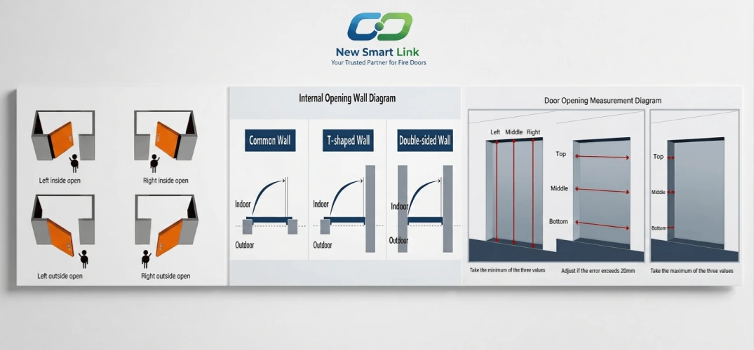 Fire door opening direction chart, wall types diagram, and door hole measurement guide for commercial projects